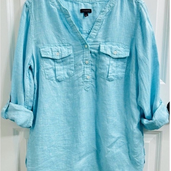Talbots women’s 3X linen long sleeve shirt roll tab pullover tunic top aqua blue - Picture 8 of 12